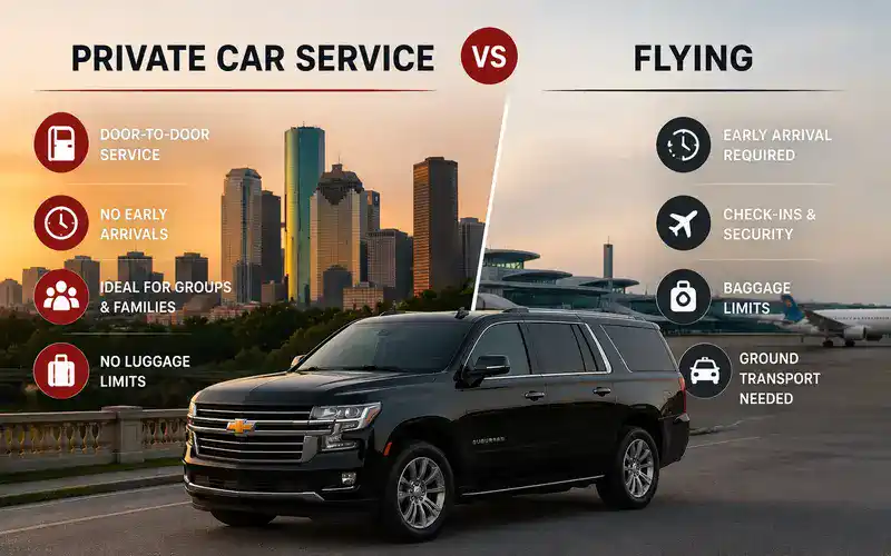 Black Chevrolet Suburban comparing private car service and flying, highlighting door-to-door transportation, family convenience, luggage flexibility, and stress-free long-distance travel.